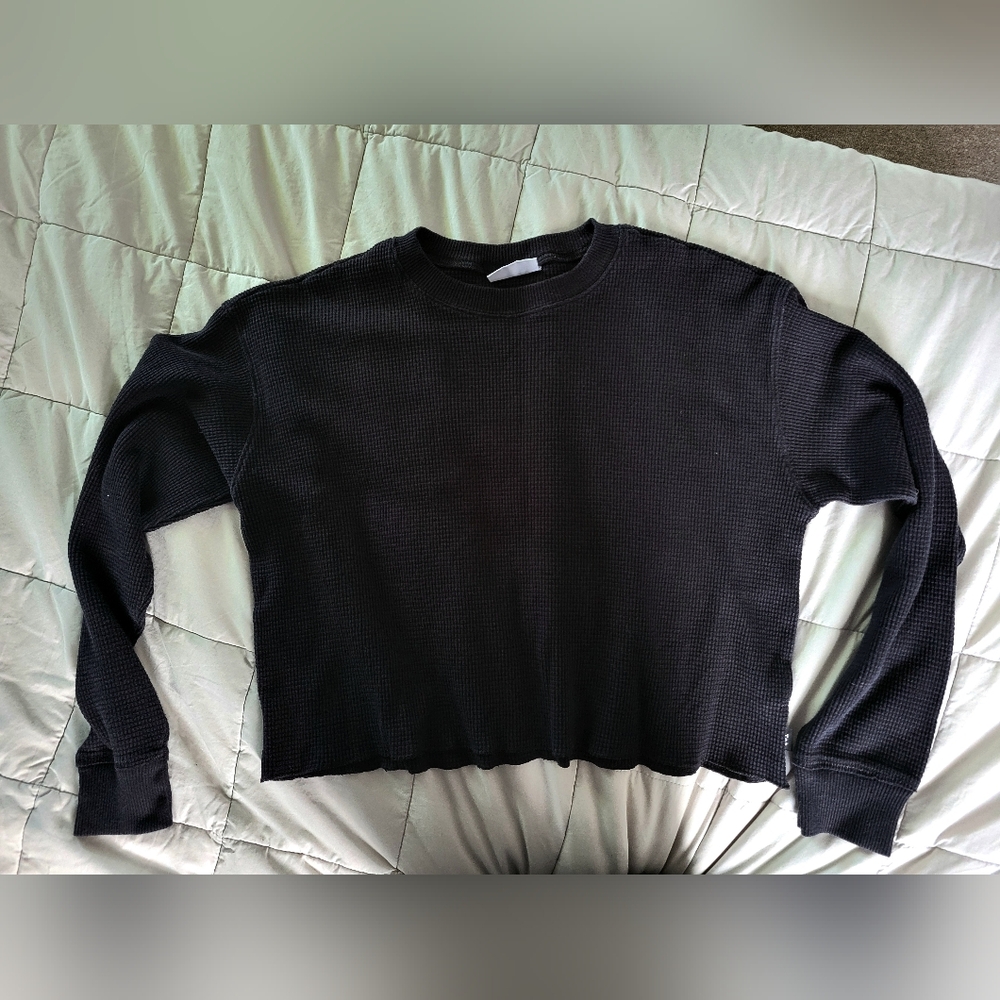 TNA boxy crop waffle thermal longsleeve tee T-shirt black womens S small